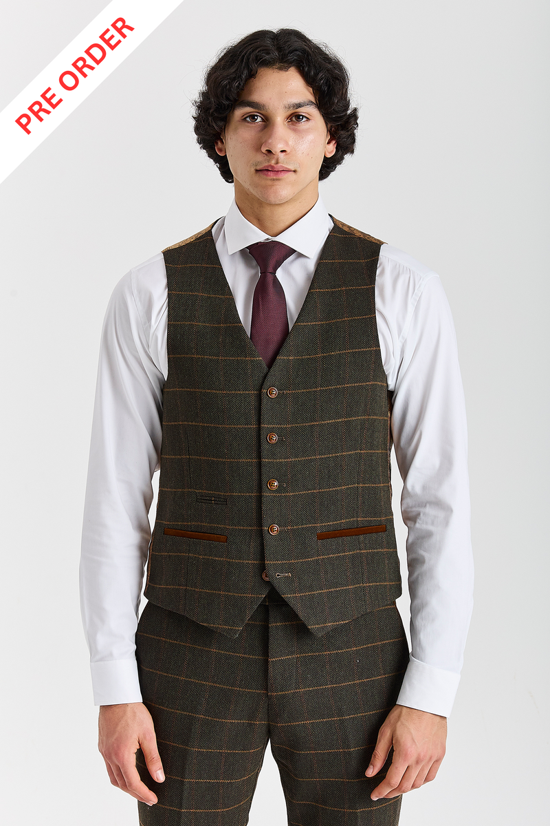 Harris - Men's Green Herringbone Tweed Check Waistcoat