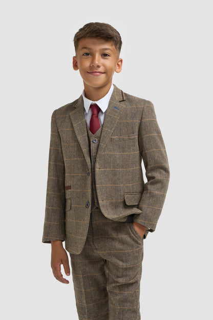 Boys Albert Brown Tweed Check Suit