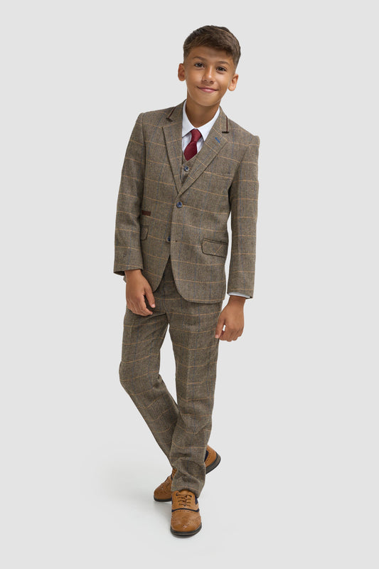 Boys Albert Brown Tweed Check Suit