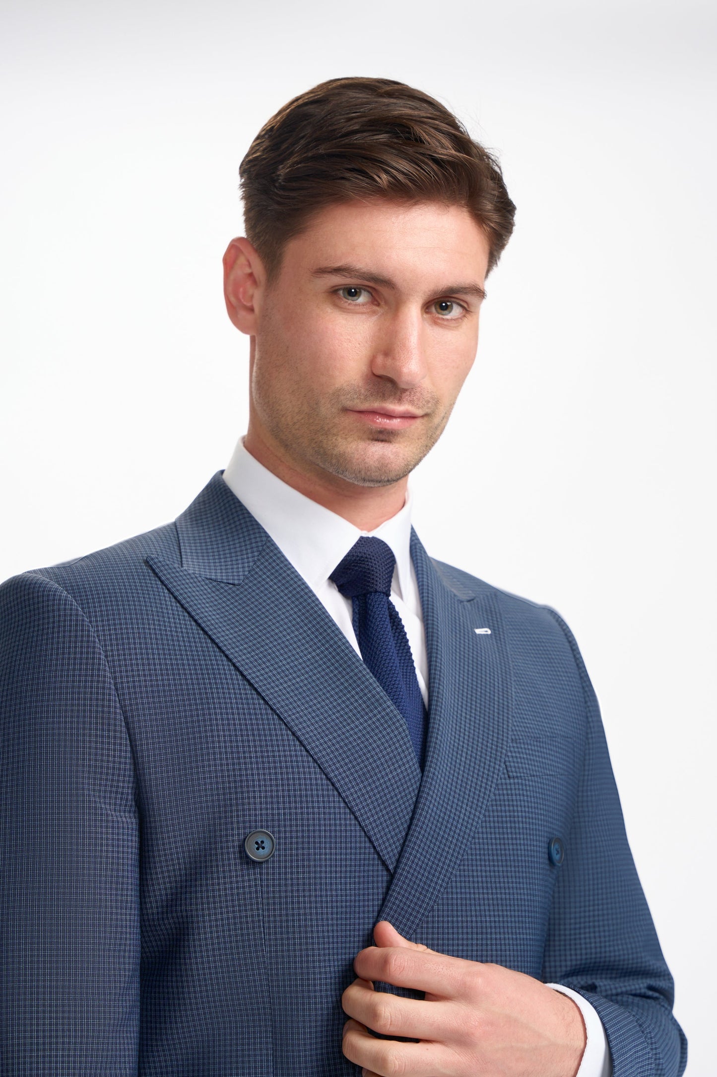 Bond Wool Rich Navy Check Double Breasted Two Piece Suit
