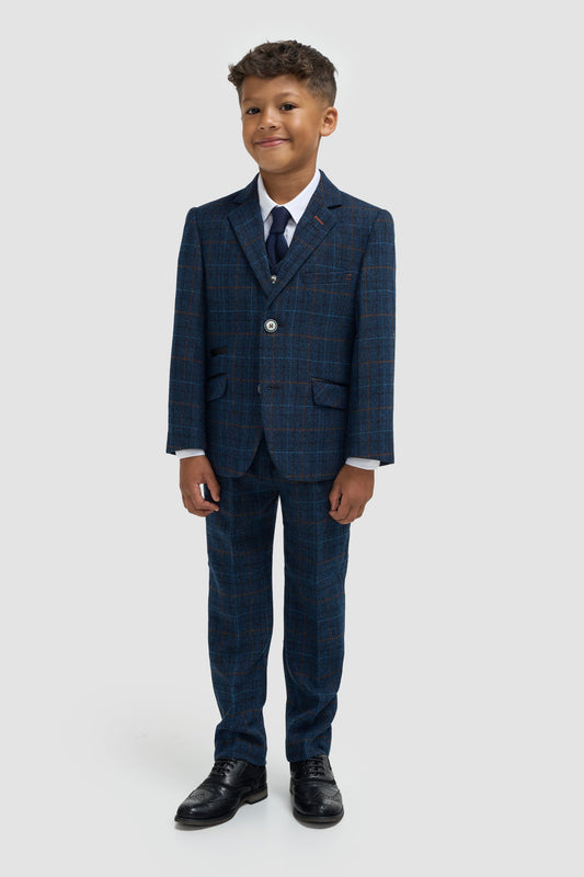 Boys Navy Blue Check Three Piece Suit