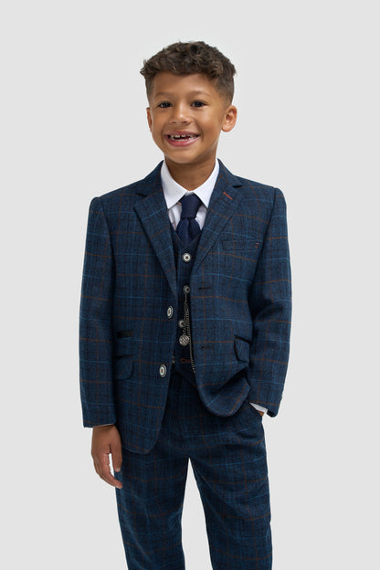 Boys Navy Blue Check Three Piece Suit