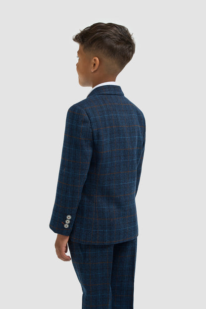 Boys Navy Blue Check Three Piece Suit