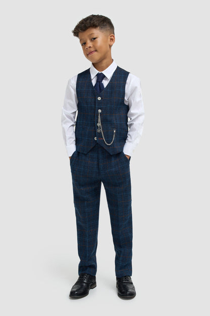Boys Navy Blue Check Three Piece Suit