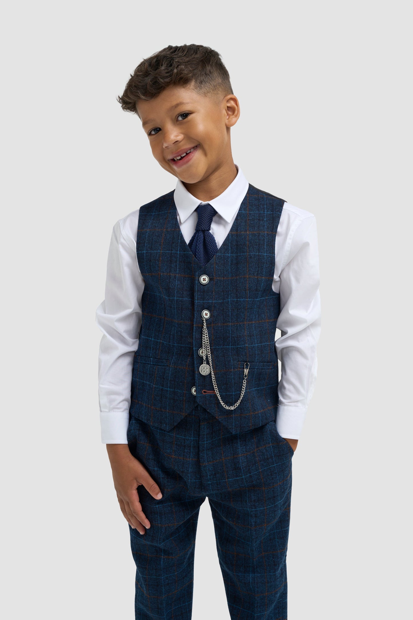 Boys Navy Blue Check Three Piece Suit