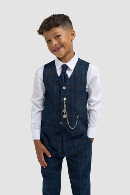 Boys Navy Blue Check Three Piece Suit