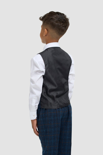 Boys Navy Blue Check Three Piece Suit