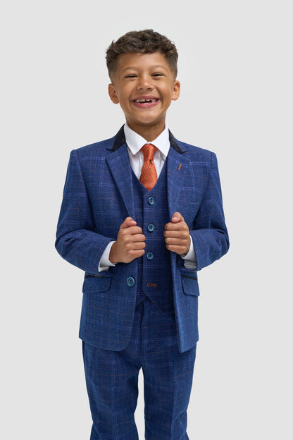 Boys Blue Check Three Piece Suit