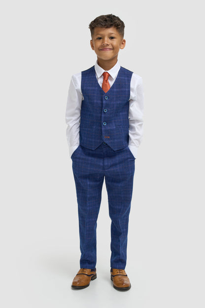 Boys Blue Check Three Piece Suit