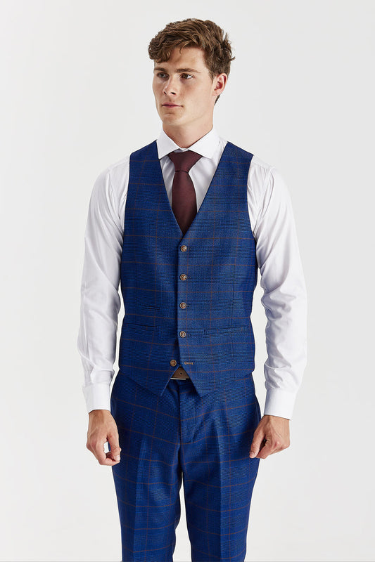 Alex - Men's Navy Burgundy Check Waistcoat