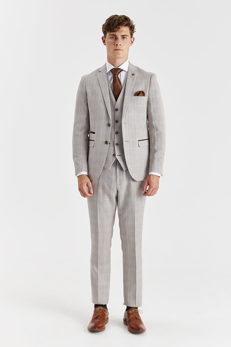 Leo Beige Check Three Piece Suit
