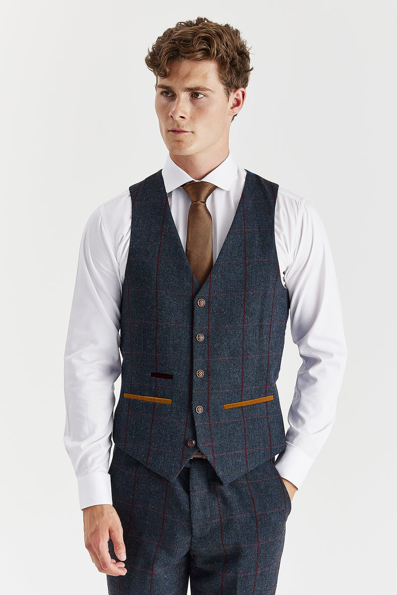 Madrid - Men's Navy Tweed Check Waistcoat