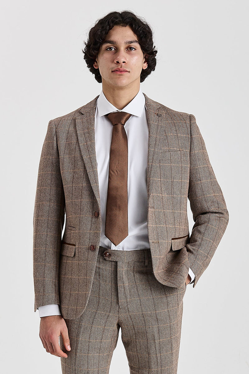 Harris- Men's Brown Herringbone Tweed Check Blazer