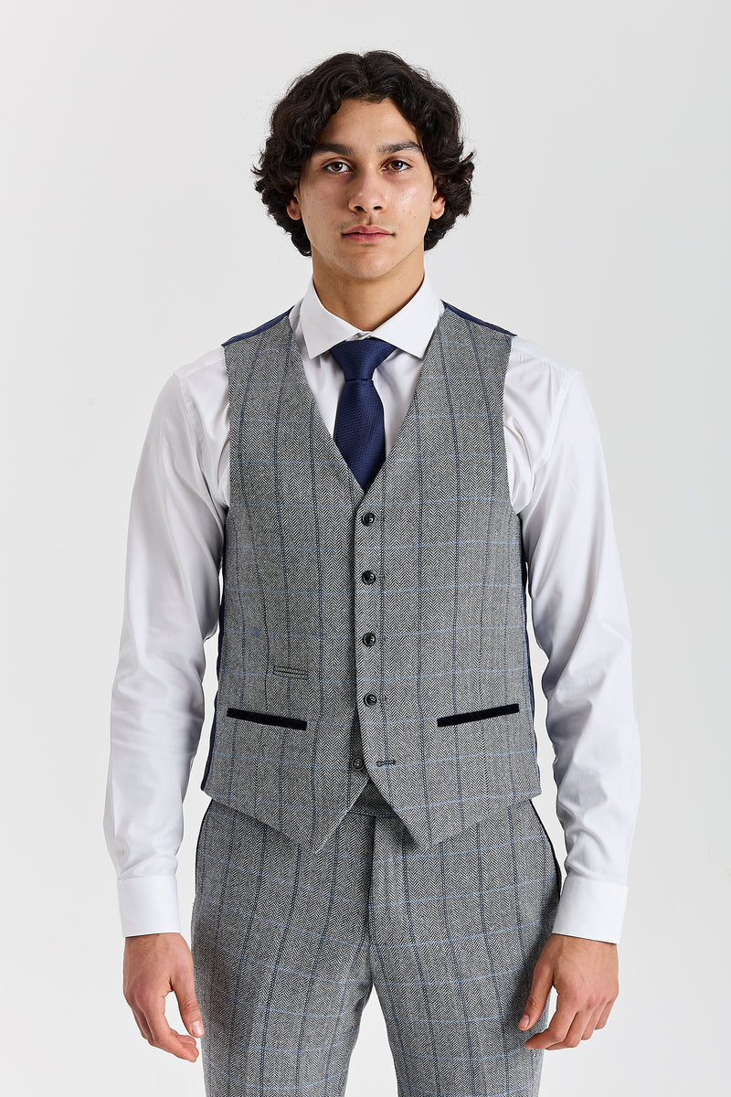 Harris - Men's Grey Herringbone Tweed Check Waistcoat