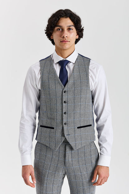 Harris - Men's Grey Herringbone Tweed Check Waistcoat