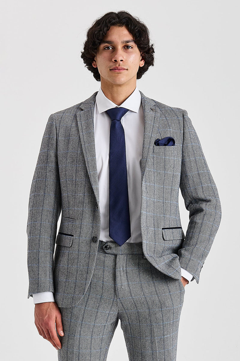 Harris - Men's Grey Herringbone Tweed Check Blazer