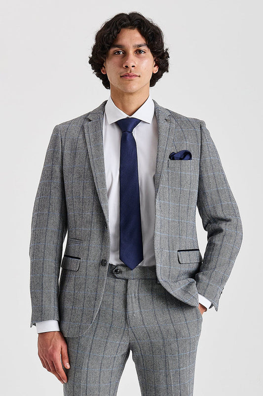 Harris - Men's Grey Herringbone Tweed Check Blazer