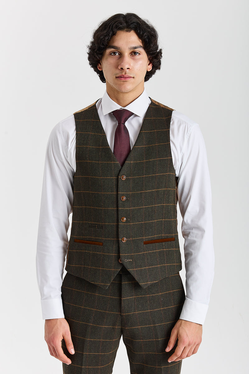 Harris - Men's Green Herringbone Tweed Check Waistcoat
