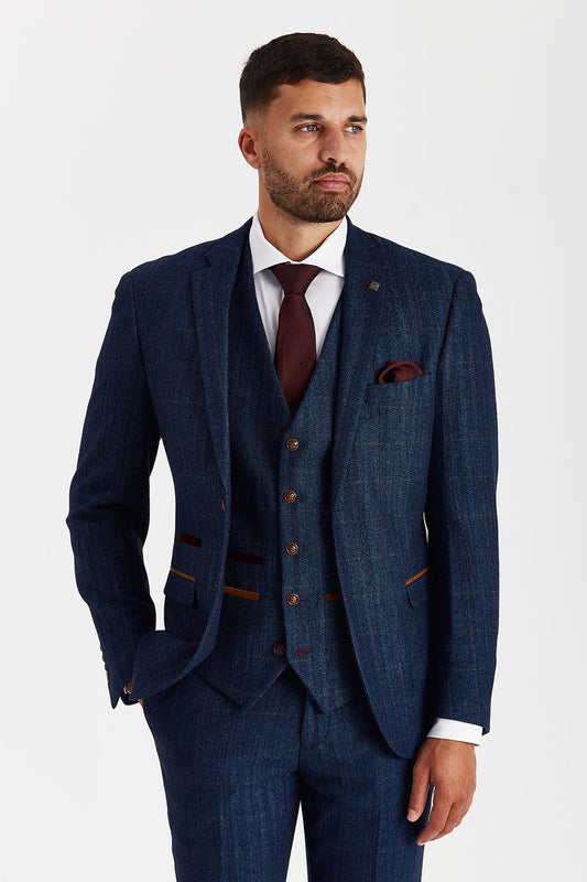 Scott Navy Tweed Check Three Piece Suit