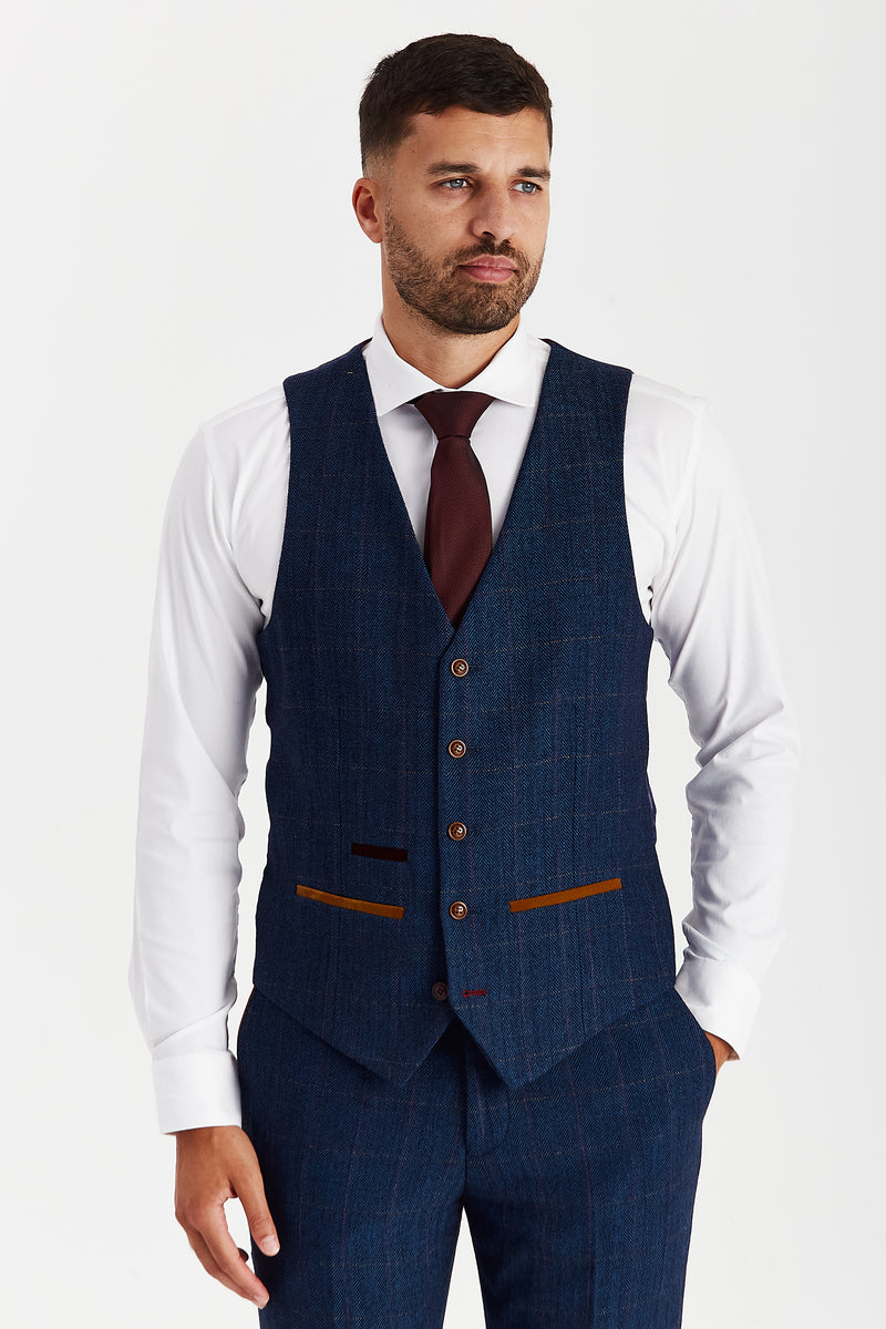 Scott Navy Tweed Check Three Piece Suit
