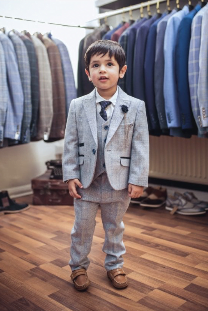 Boys Checkered Navy Suits Page Boy Blue Check Suit Kids Wedding Prom Formal Set 